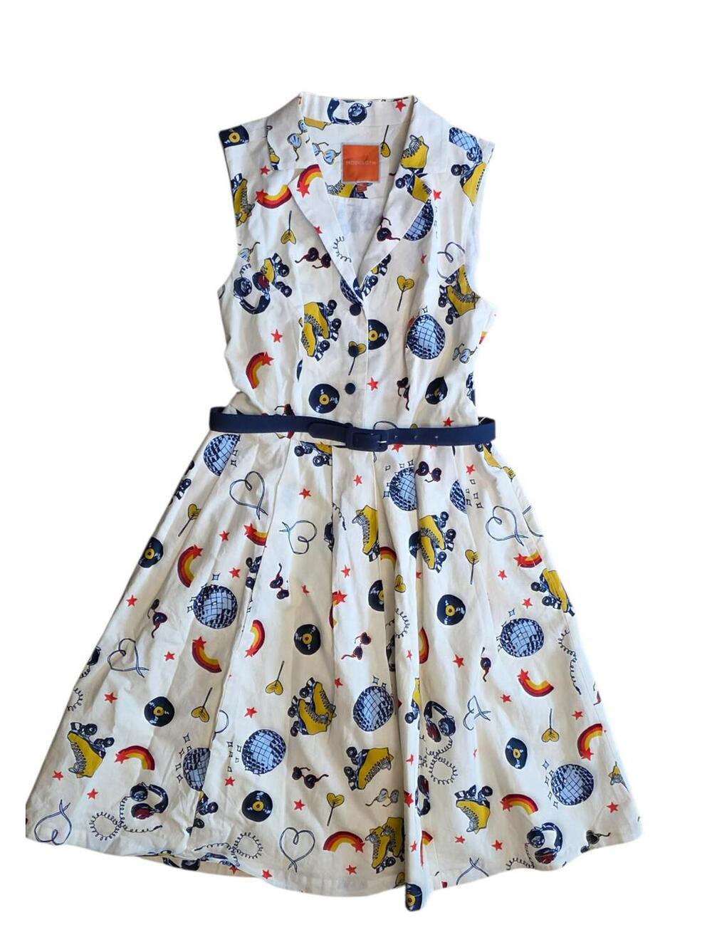 ModCloth 100% Cotton Retro Roller Skate Disxo Print Dress Belted Size M